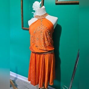 Handmade tummy flattering Orange dance dress stretchy hand beaded
